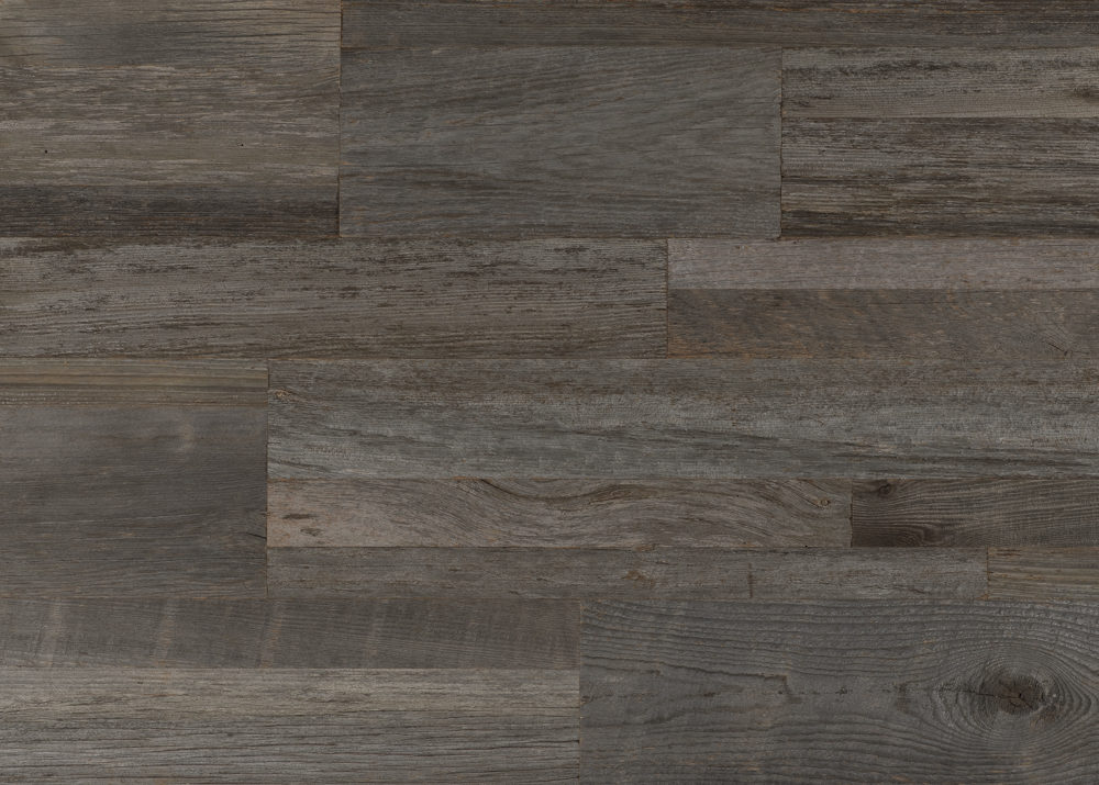 Grey reclaimed wood feature wall with mixed width planks