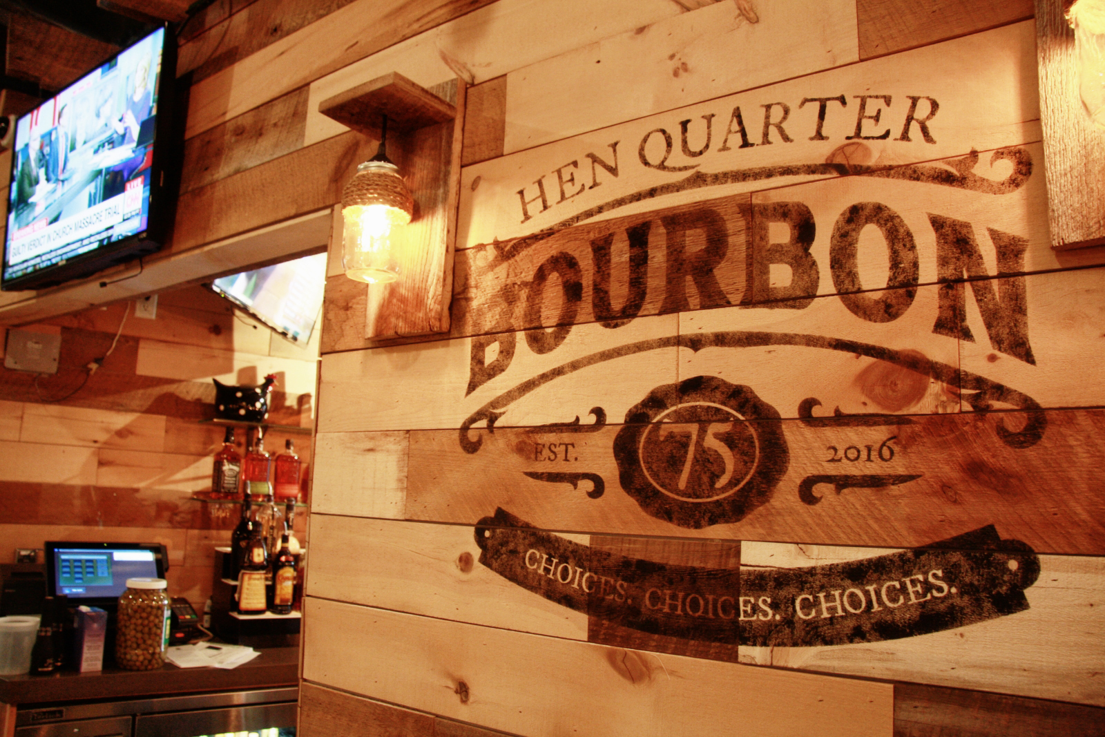 Hen Quarter Bourbon restaurant commercial reclaimed wood feature wall