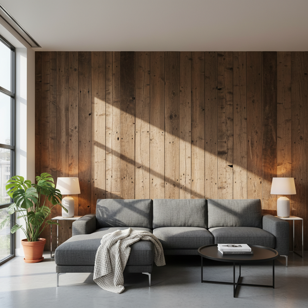 Modern living room with reclaimed barn wood accent wall