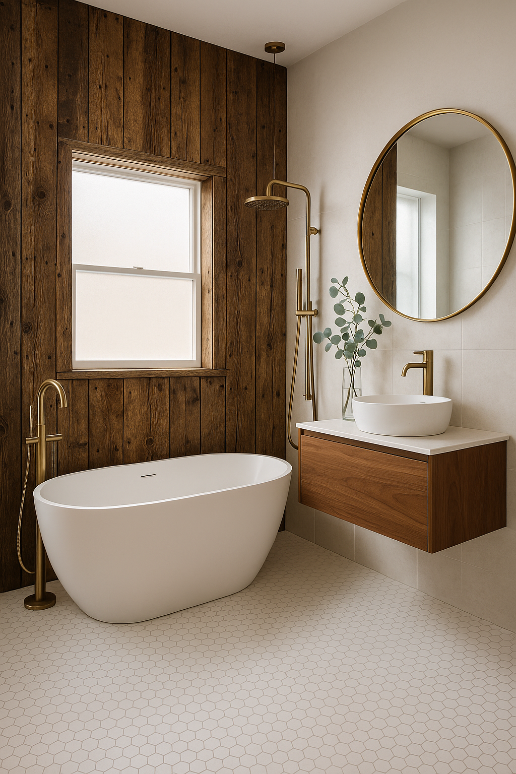 Spa-like bathroom with reclaimed barn wood accent wall behind freestanding soaking tub with brass fixtures