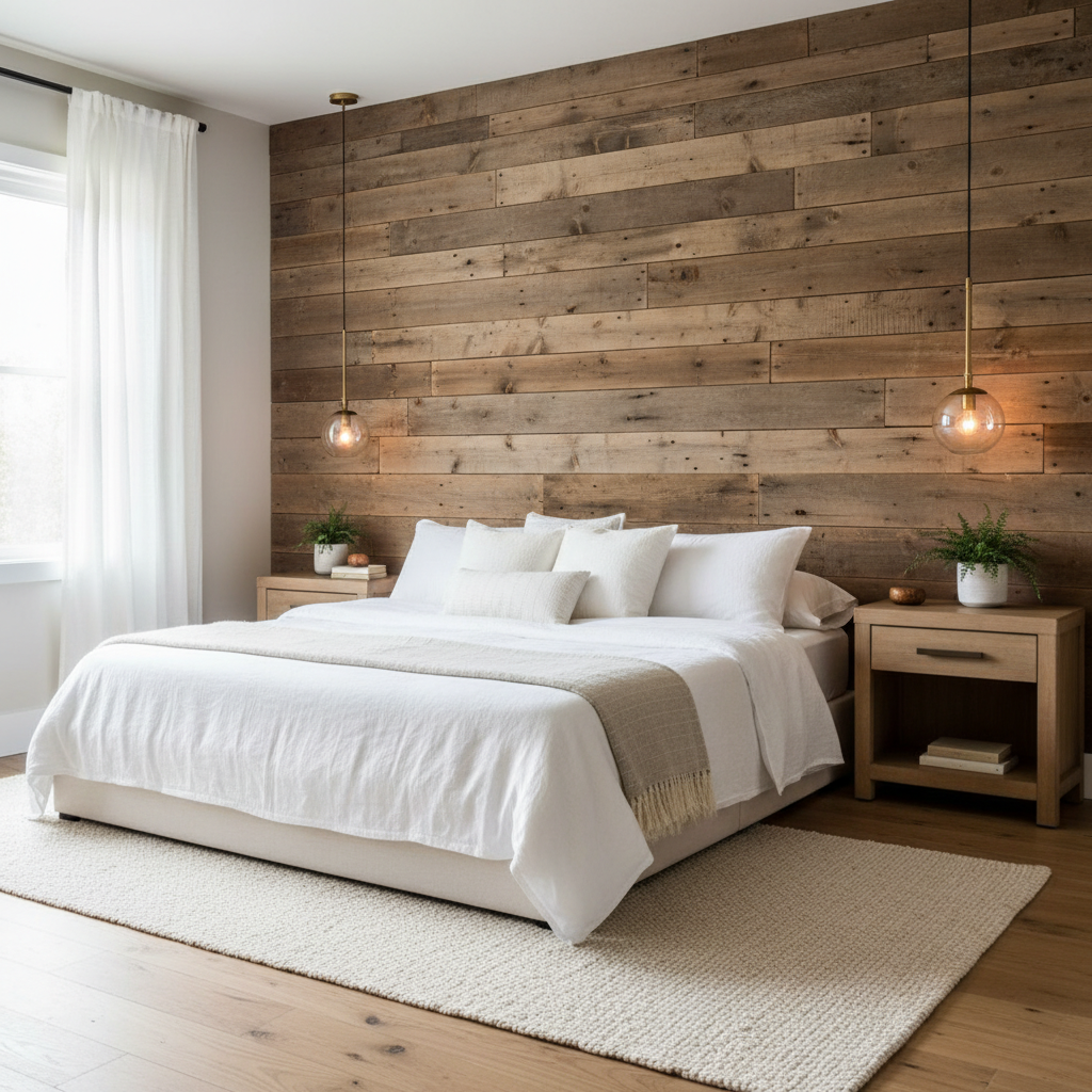Bedroom with reclaimed barn wood accent wall behind bed replacing traditional headboard with warm brown wood planks