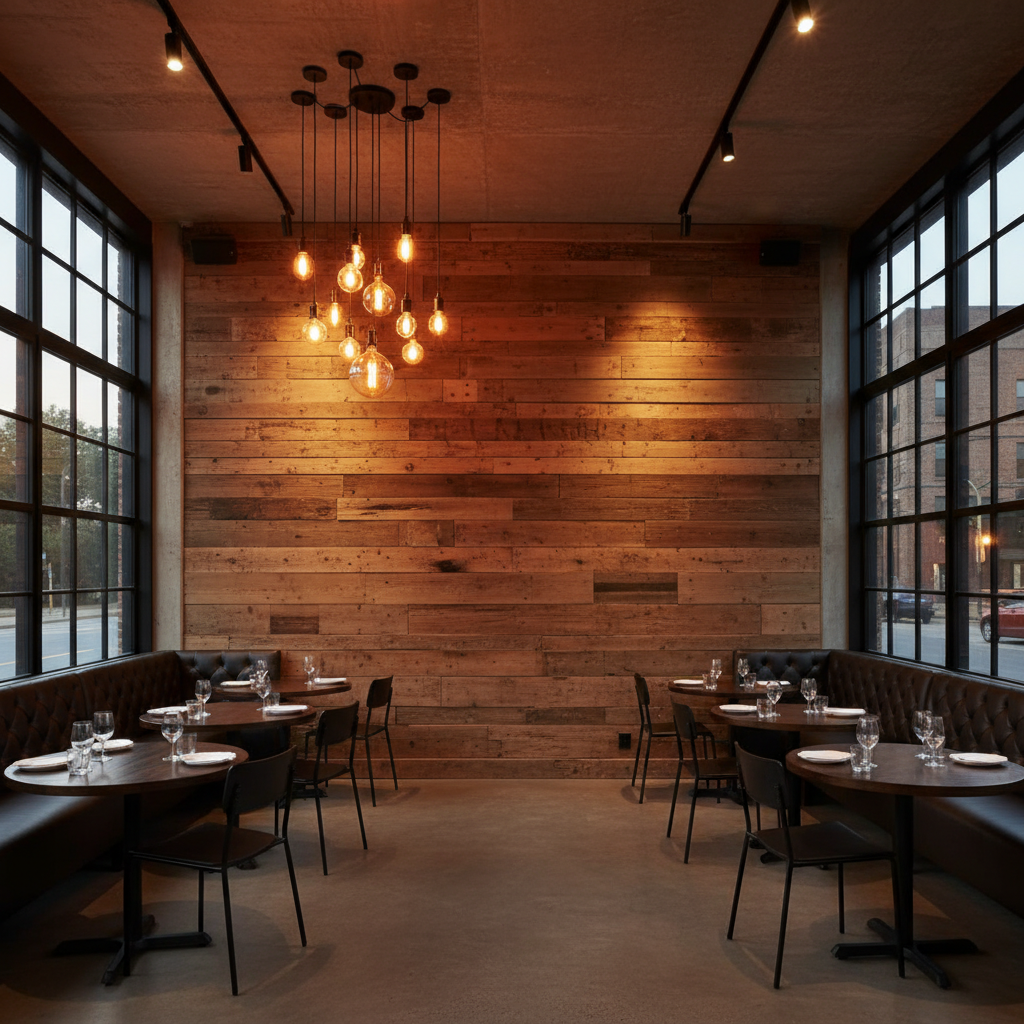 Upscale restaurant with reclaimed barn wood feature wall and Edison bulb pendant lighting