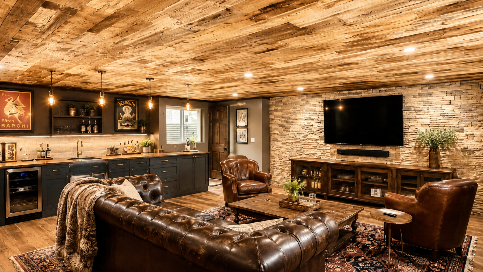 Basement Lounge: Cozy flat plank ceiling