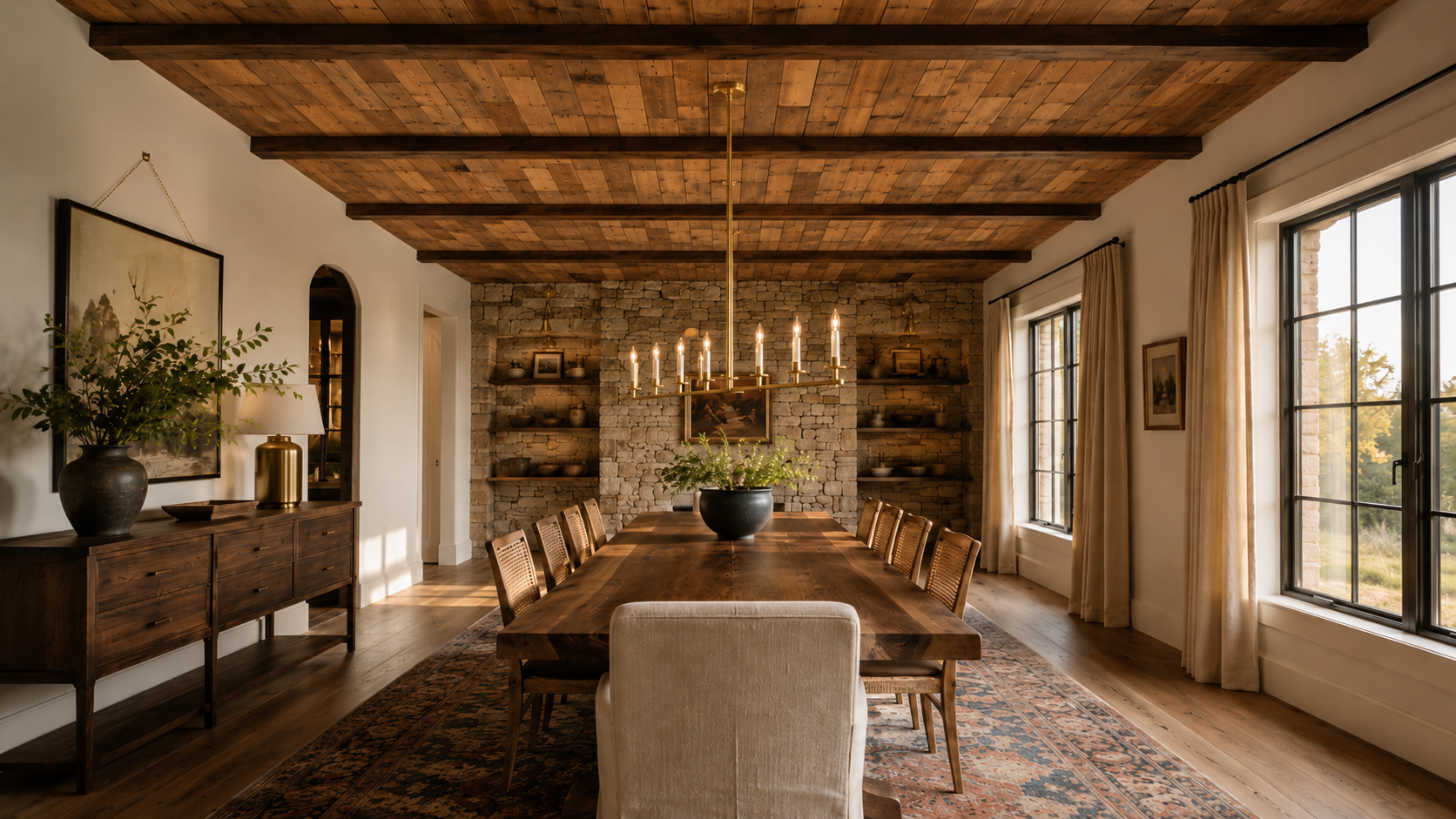 Brown reclaimed wood plank ceiling between exposed beams in a dining room
