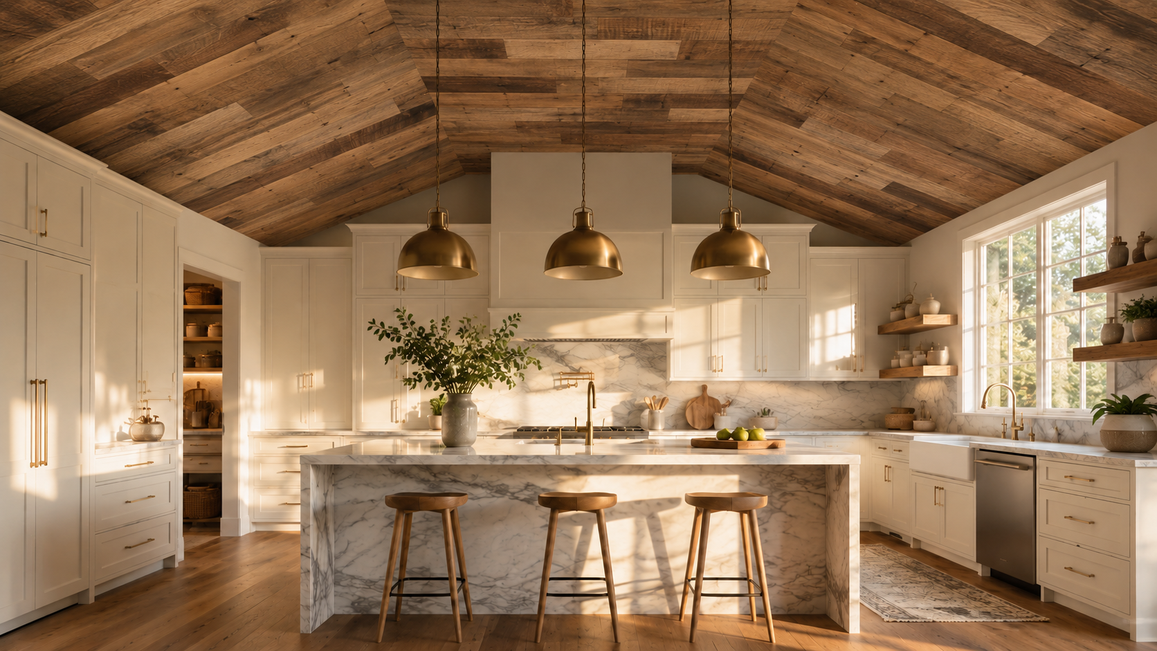 Brown reclaimed wood ceiling planks in a farmhouse kitchen with vaulted ceiling