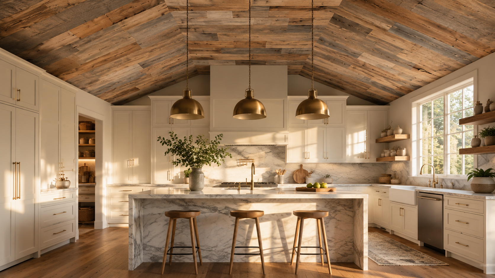 Vaulted Kitchen: Mixed grey and brown plank vault