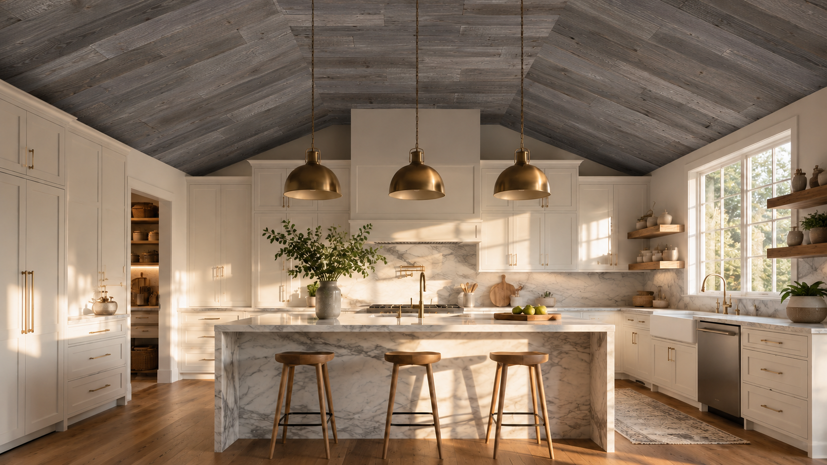 Grey reclaimed wood ceiling planks in a farmhouse kitchen with vaulted ceiling