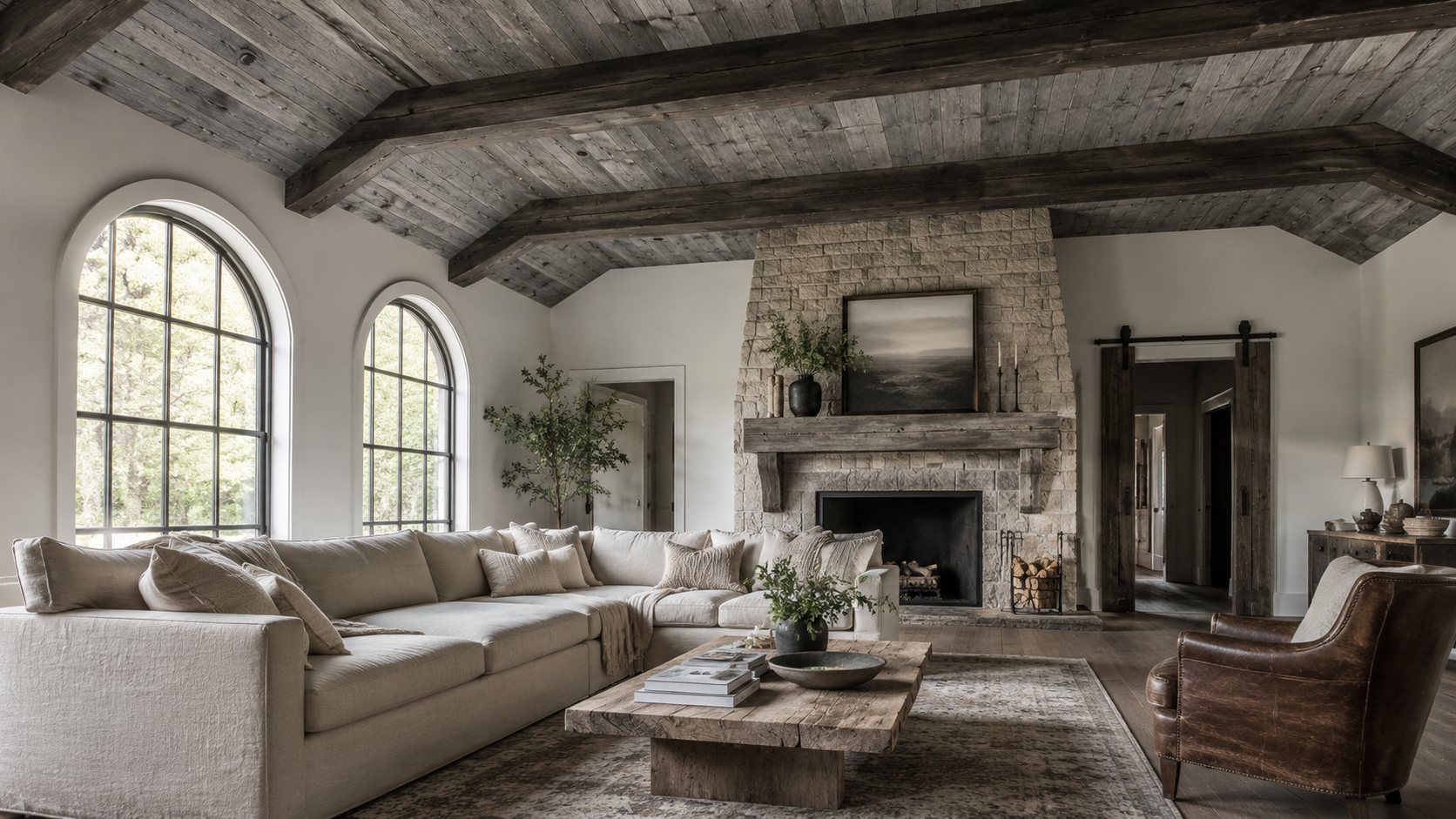 Living Room: Cathedral ceiling between beams