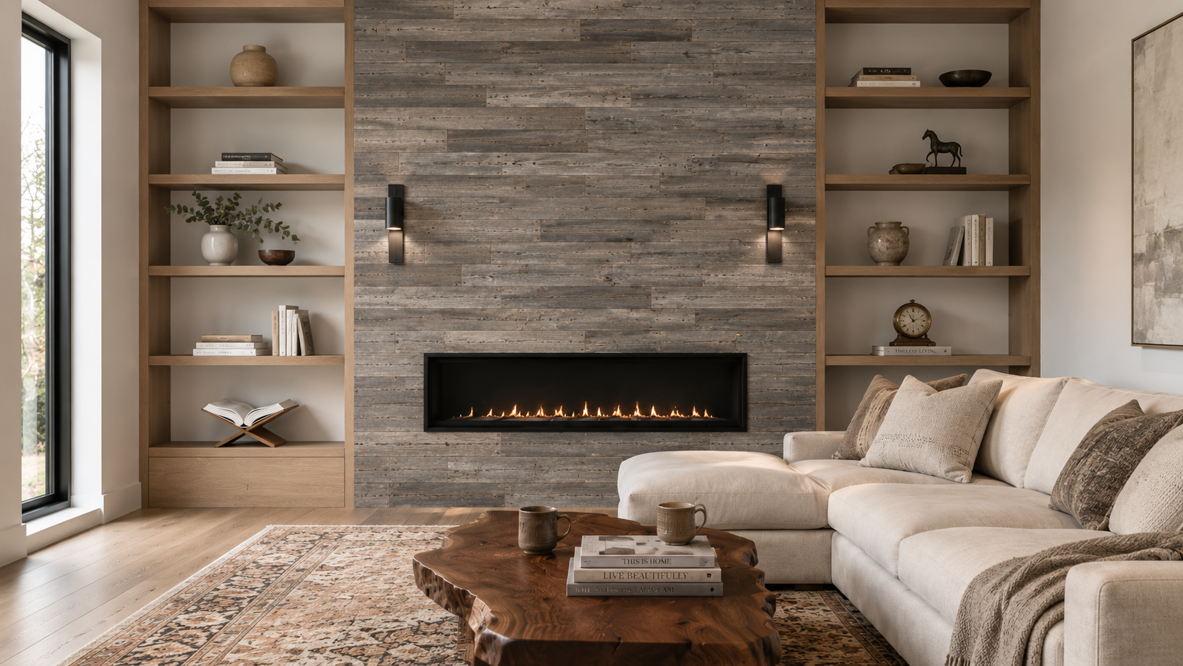 Flanked by Built-Ins: Storage + display + fire