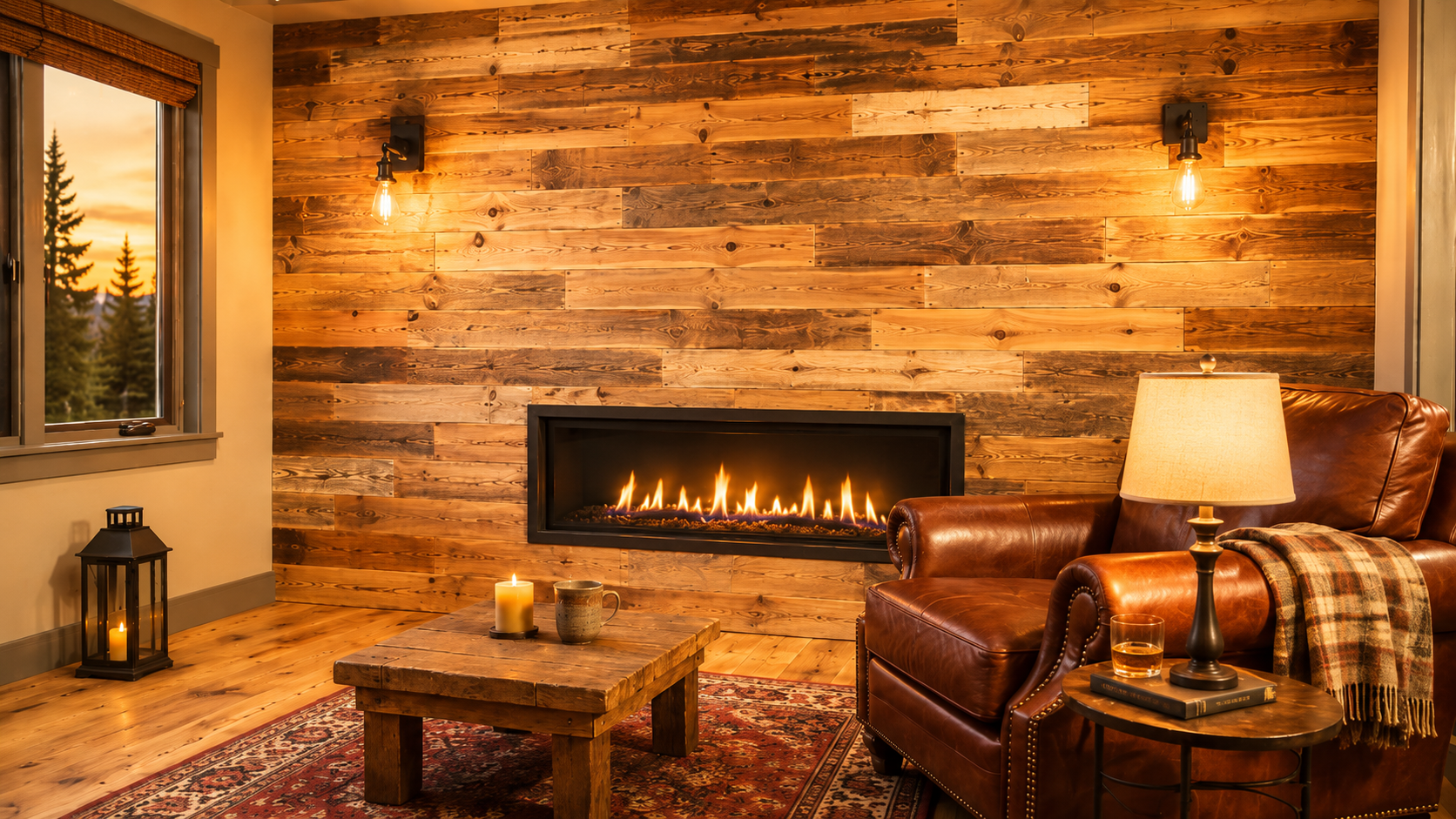 Cozy cabin den with brown reclaimed wood fireplace wall and leather club chair