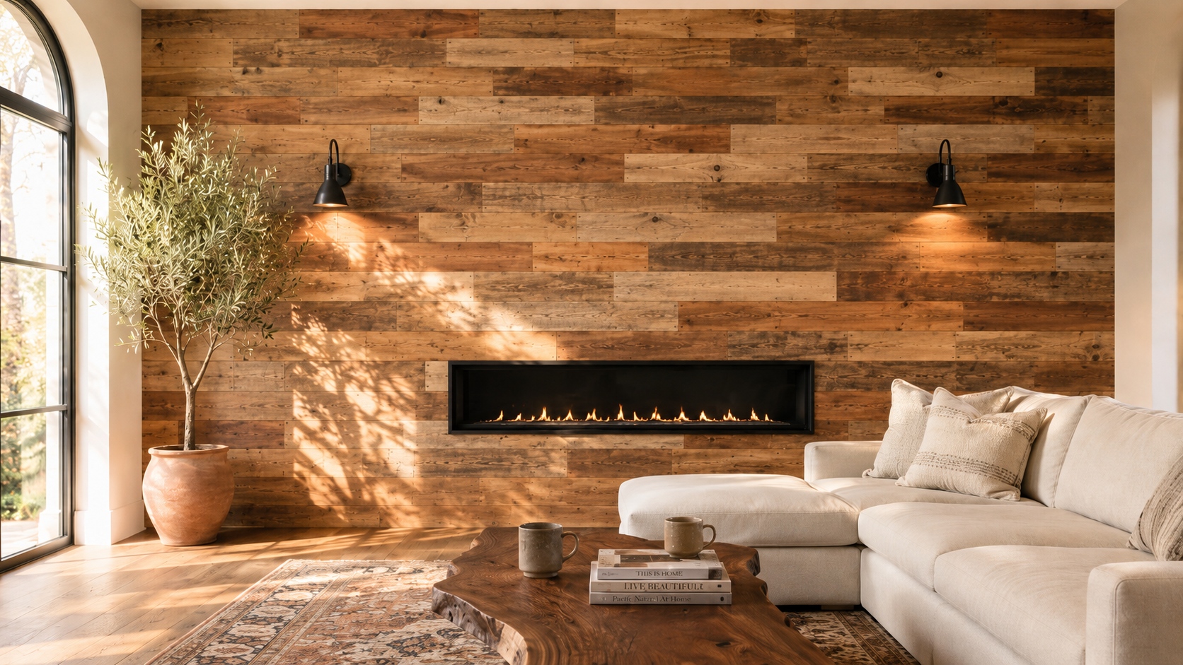 Brown reclaimed wood fireplace wall in a modern farmhouse living room