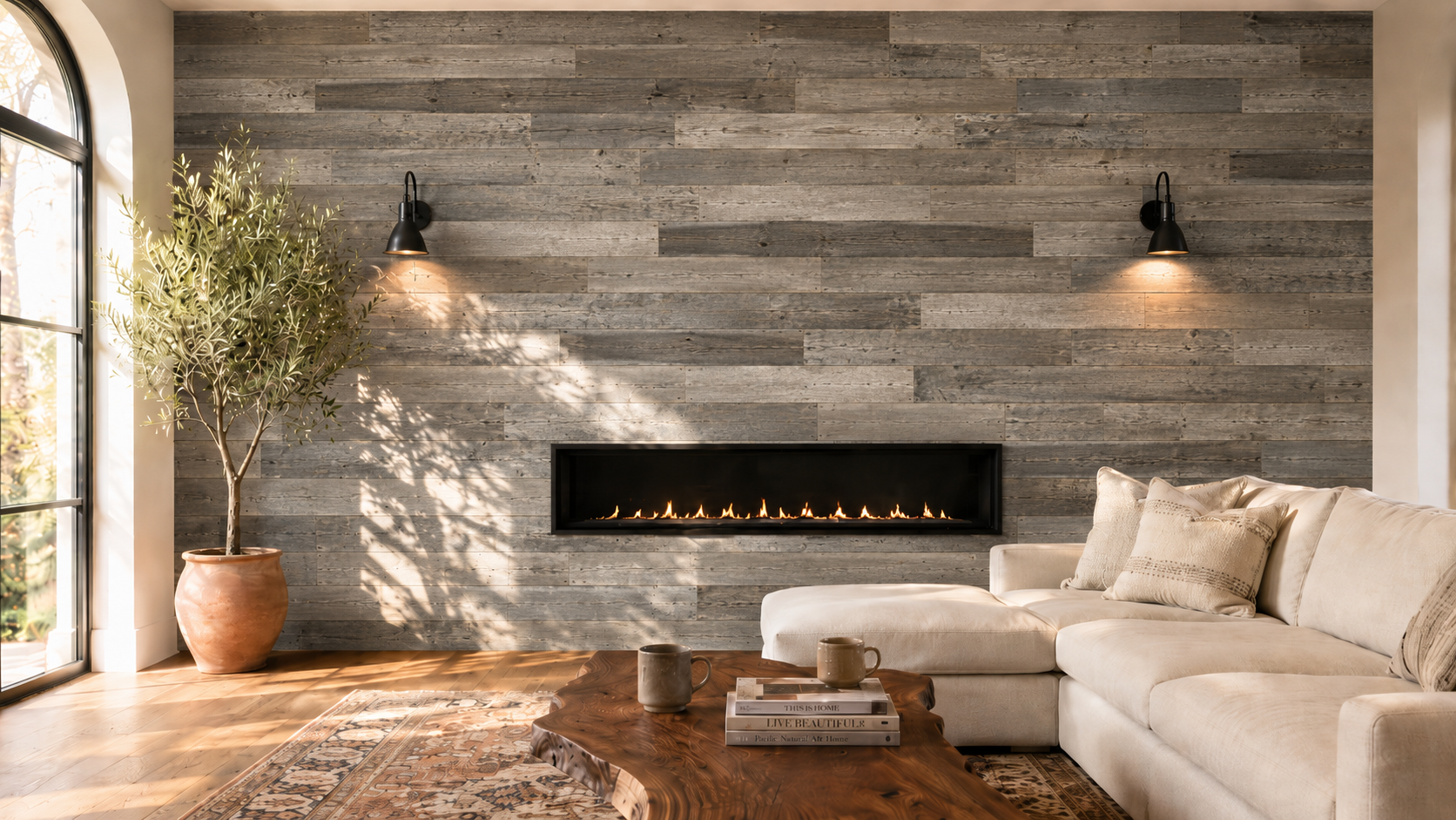 Grey reclaimed wood fireplace wall in a modern farmhouse living room