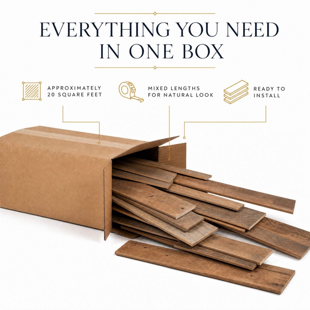 Open box of mixed-length brown reclaimed wood planks, about 20 square feet