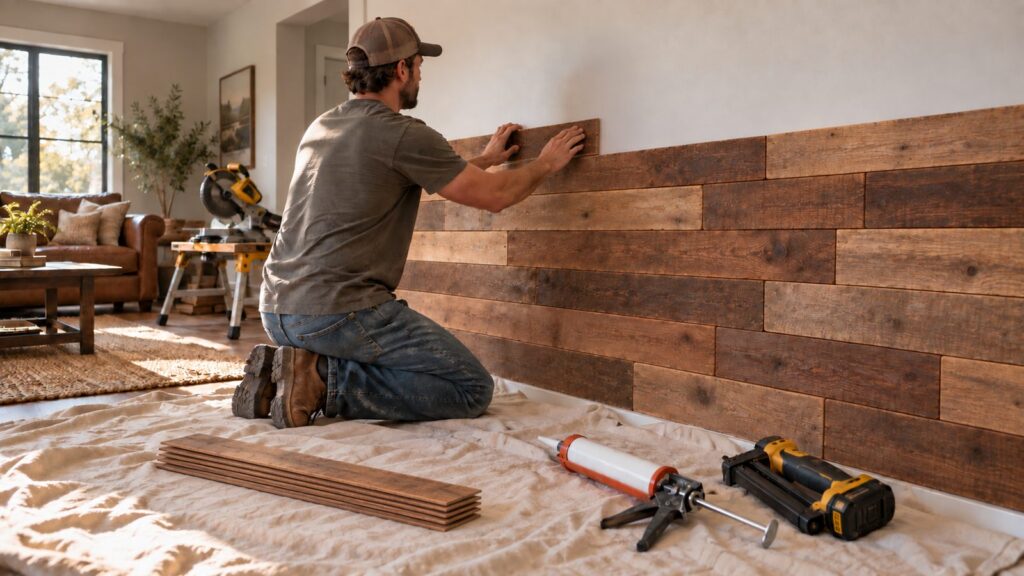 Homeowner pressing a brown reclaimed barnwood plank onto a wall during installation