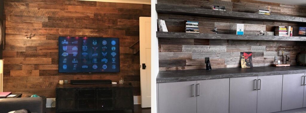 Brown reclaimed wood living room wall beside a grey reclaimed wood office wall