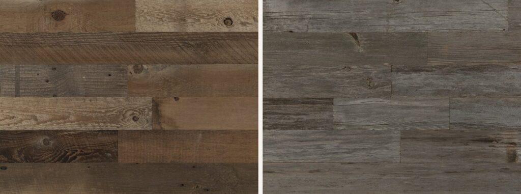 Brown reclaimed wood planks beside grey reclaimed wood planks, 3.5 inch wide