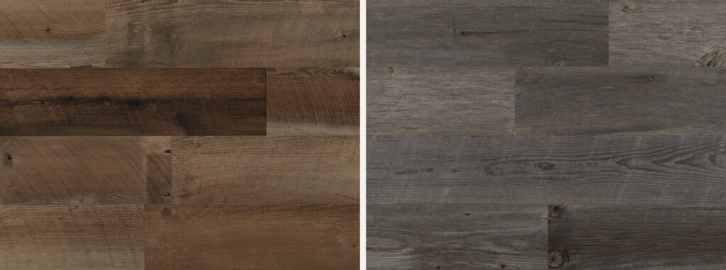 Brown and grey reclaimed barn wood planks side by side, 5.5 inch wide