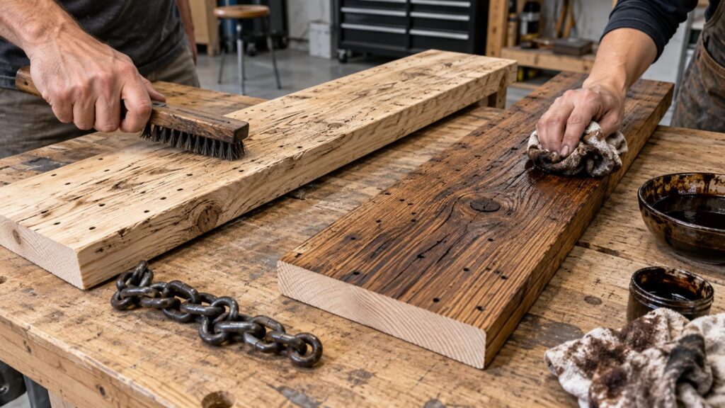 New pine boards being artificially distressed with a wire brush, chain and stain