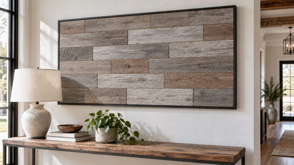 Framed grey reclaimed barn wood wall panel hanging above an entryway console table