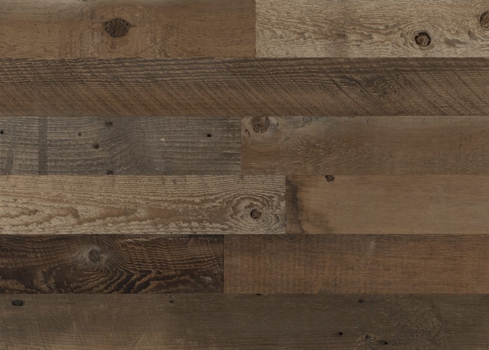 Mixed-tone brown reclaimed barn wood planks with varied grain and color