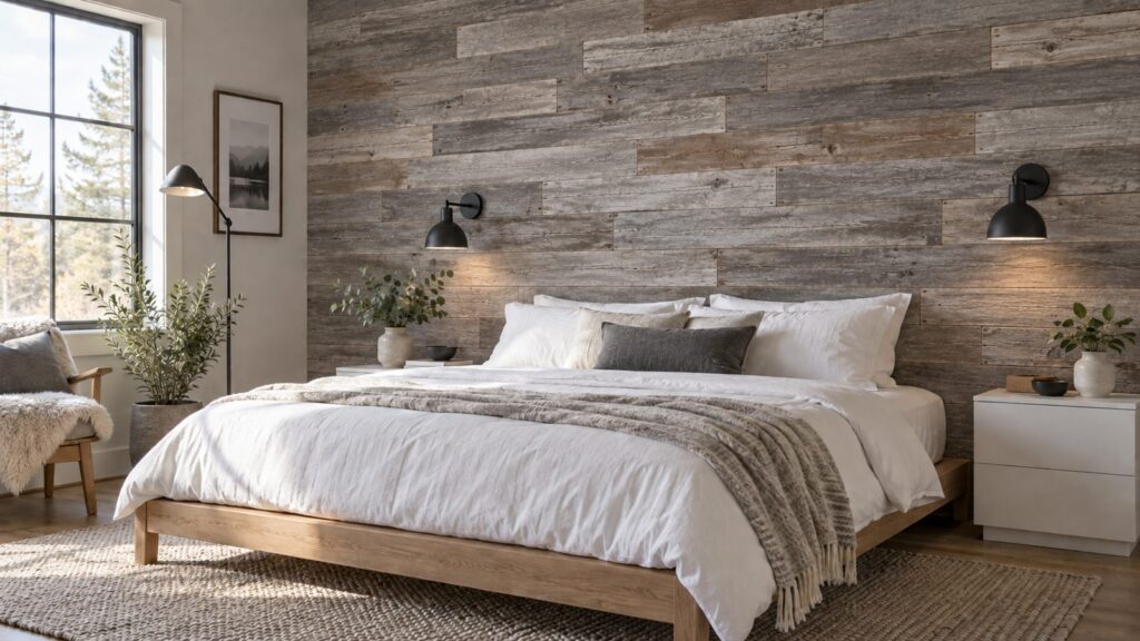 Modern bedroom with a grey reclaimed barn wood accent wall, white bedding and black sconces