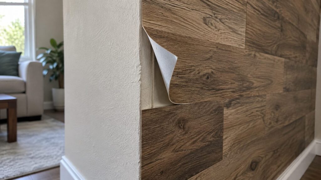 Peel and stick wood-look panel peeling away from a textured wall