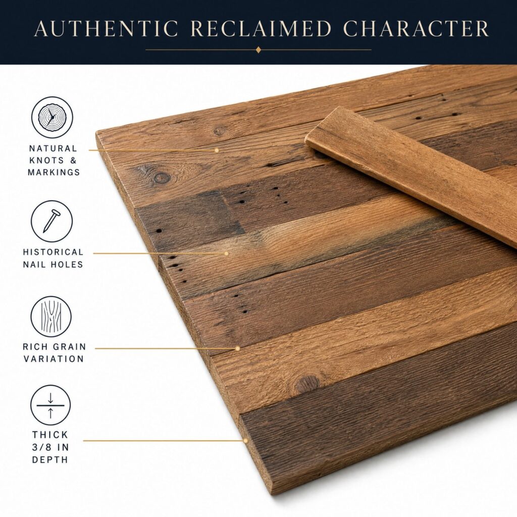 Reclaimed wood plank callouts showing knots, historic nail holes, grain variation and 3/8 inch depth