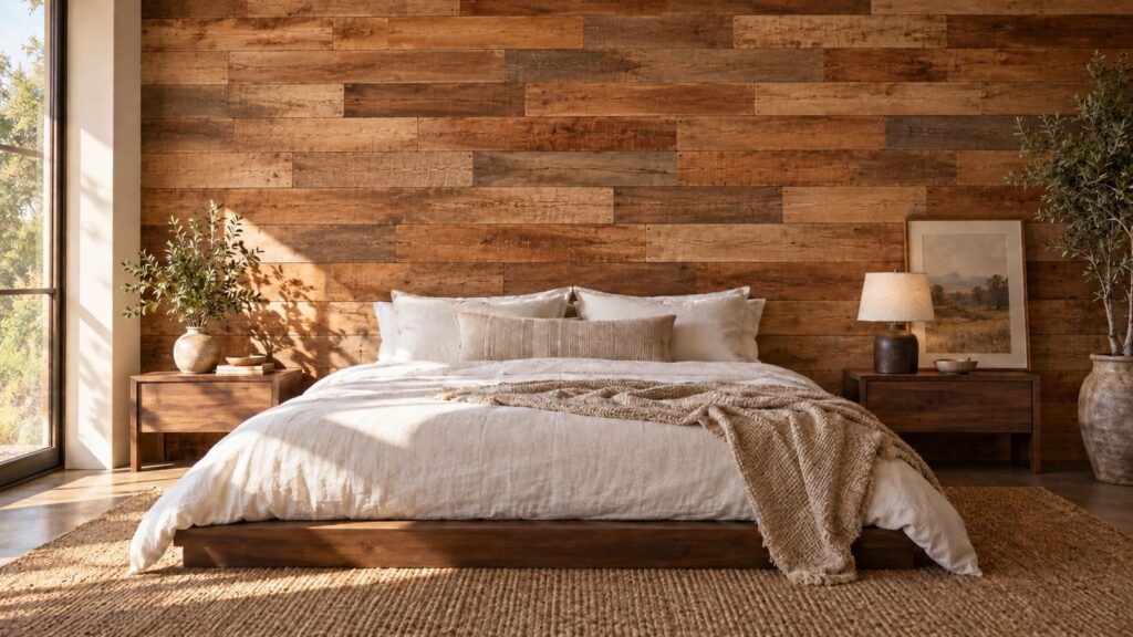Reclaimed wood bedroom wall of brown barn wood planks behind a low platform bed