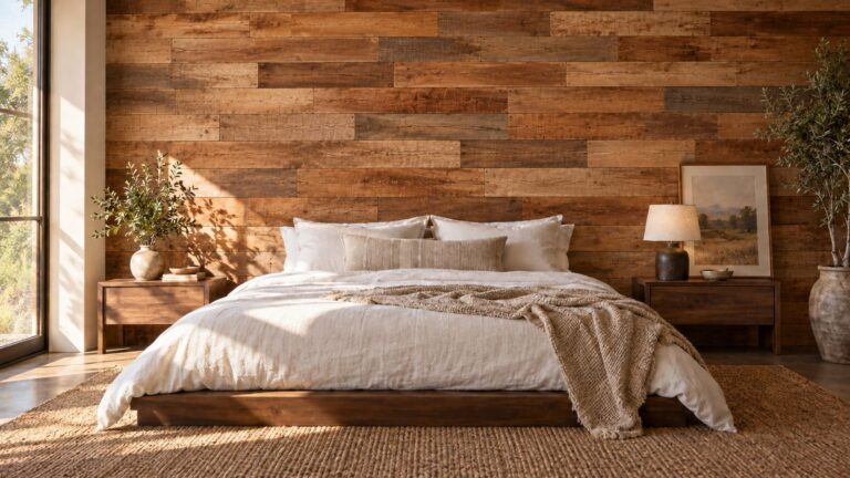 Reclaimed wood bedroom wall of brown barn wood planks behind a low platform bed