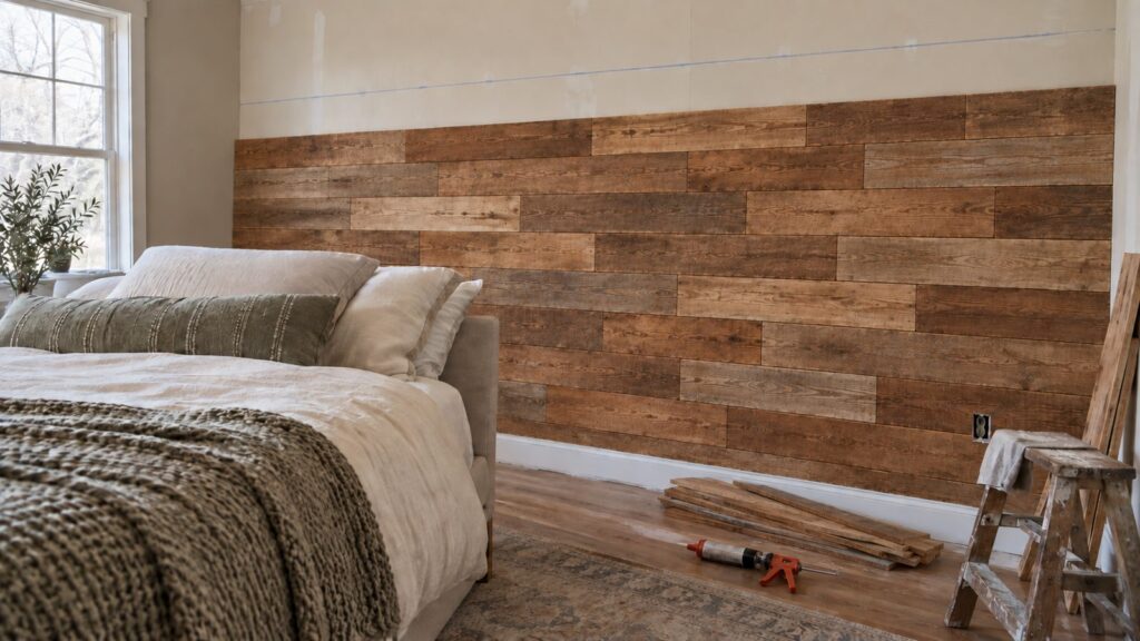 Reclaimed wood bedroom wall part way through installation with a level line and bare top row