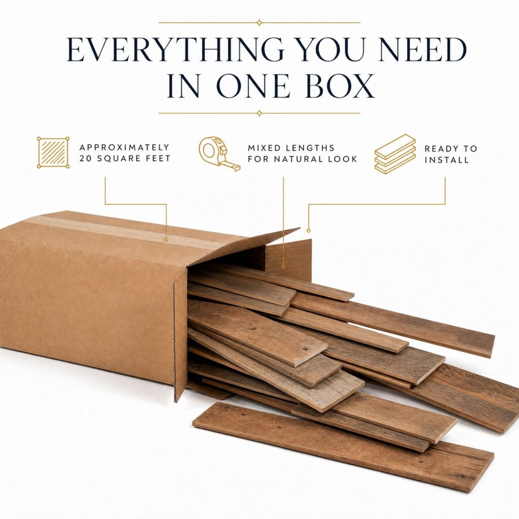Open box of mixed-length reclaimed wood planks, about 20 square feet