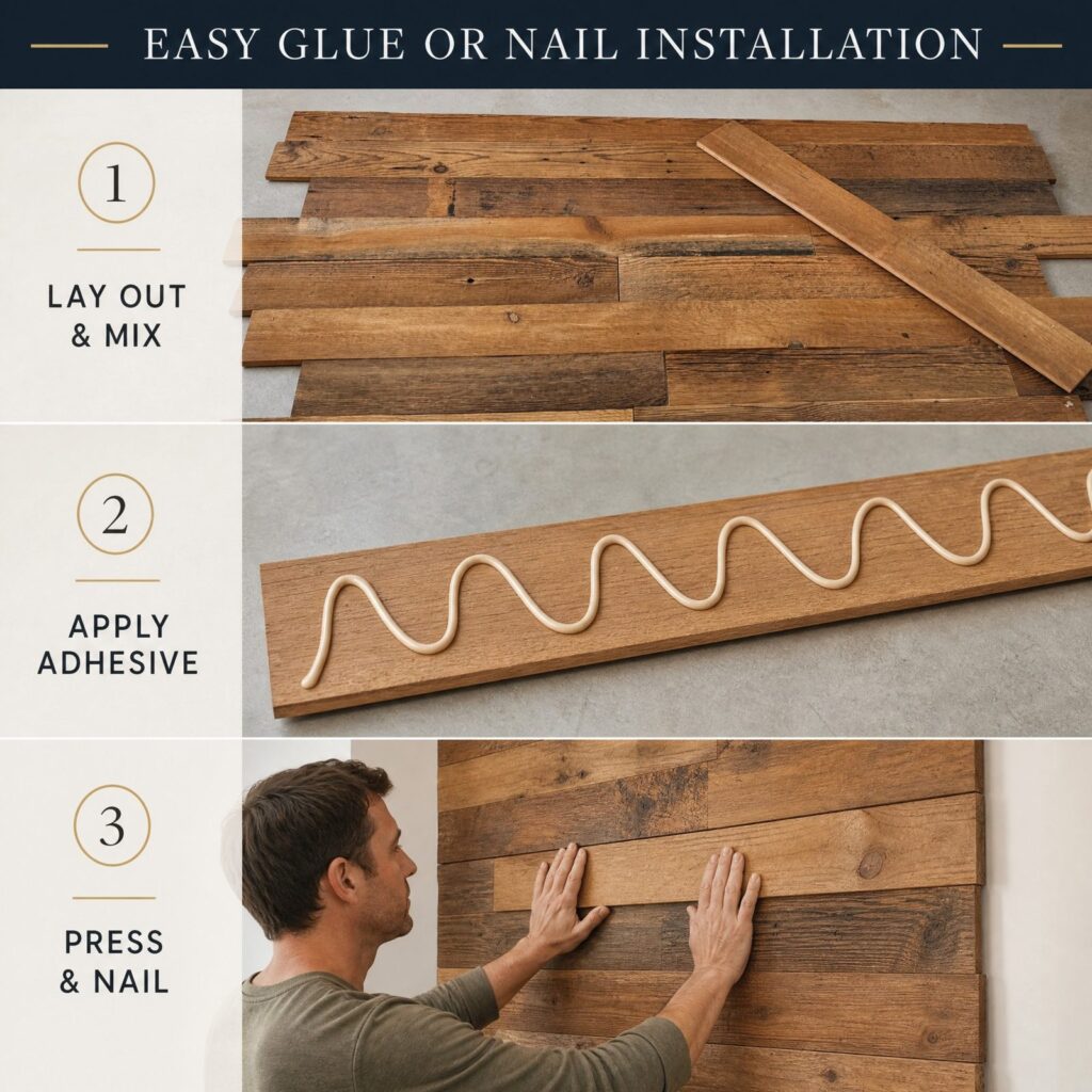 Install steps for reclaimed wood planks: lay out, apply adhesive, press in place