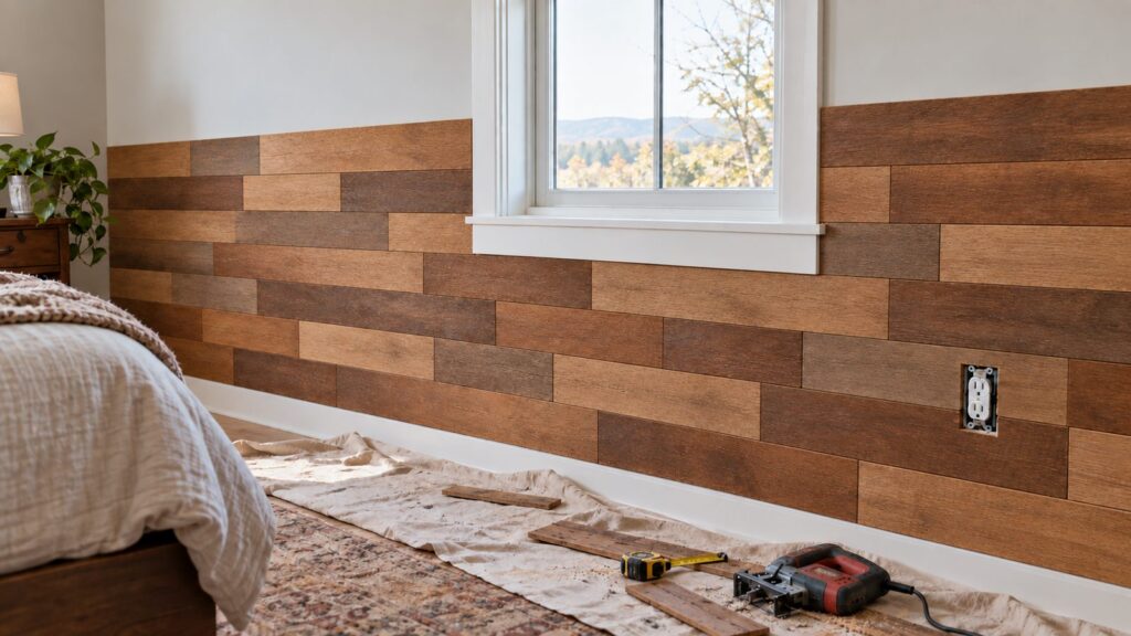 Brown reclaimed wood planks fitted around a window casing and an outlet