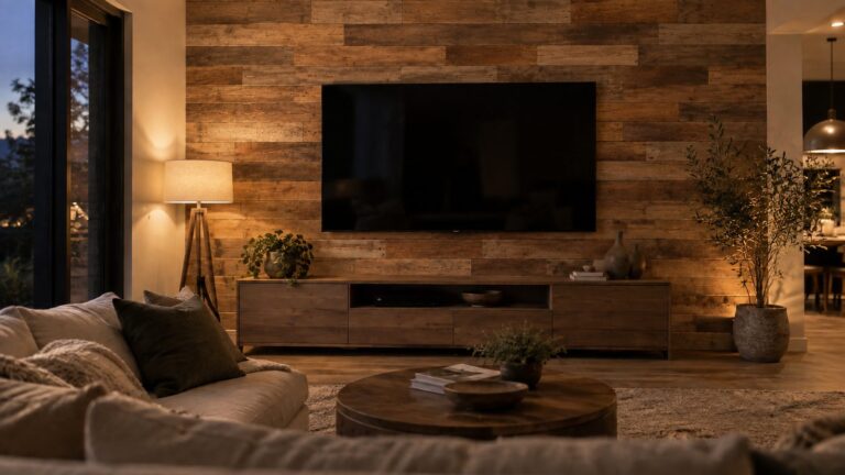 Reclaimed wood TV wall of brown barn wood planks with a mounted flat screen TV and media console