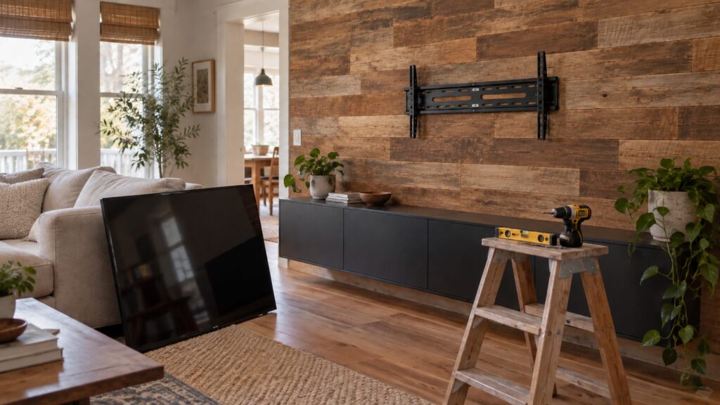 TV wall mount bracket bolted through reclaimed wood planks into the wall framing, TV waiting below