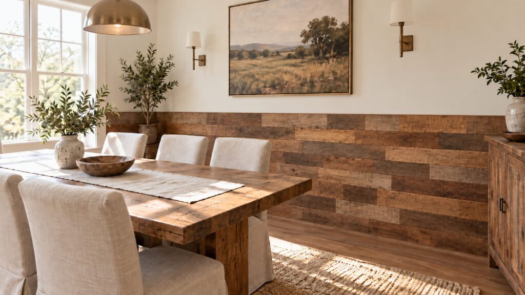 Dining room half wall of brown reclaimed wood planks