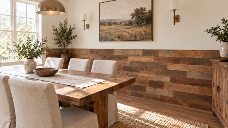 Dining room half wall of brown reclaimed wood planks