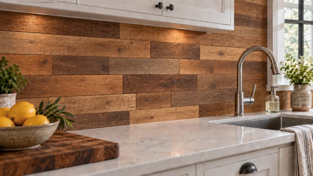 Sealed brown reclaimed wood backsplash with water beading near a kitchen faucet