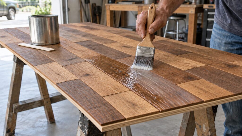 Brushing clear matte water-based polyurethane onto brown reclaimed wood planks