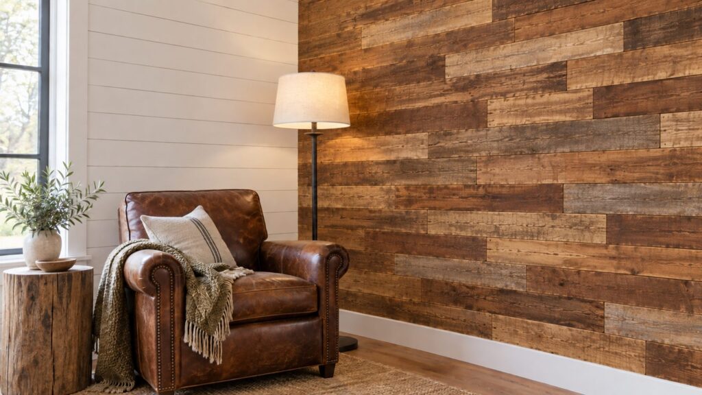 White painted shiplap wall meeting a brown reclaimed barn wood wall in a living room corner