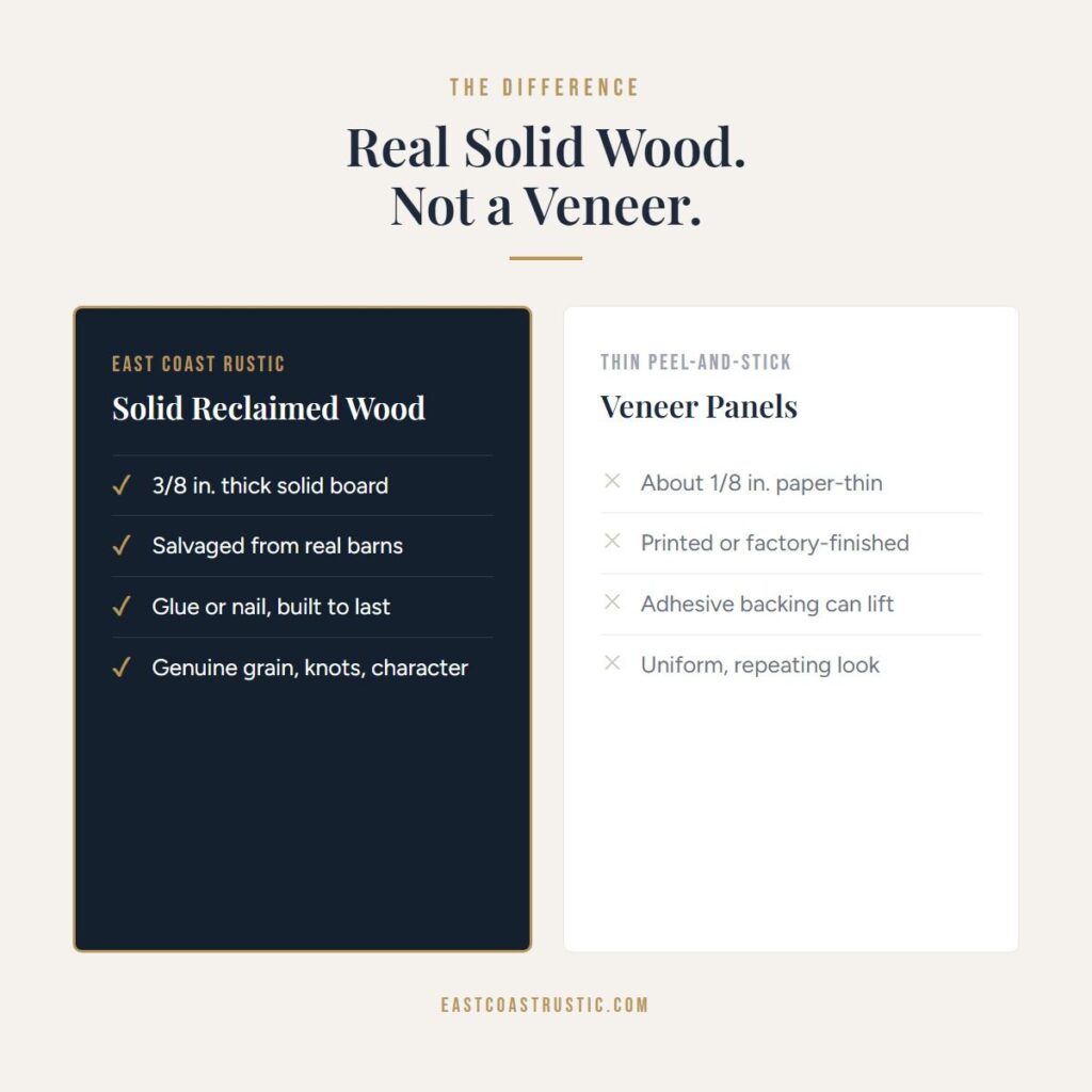 Comparison of solid reclaimed wood planks and thin veneer panels