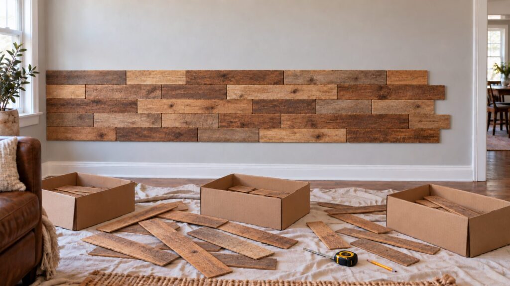 Chalk line on a wall with the first rows of staggered brown reclaimed wood planks installed