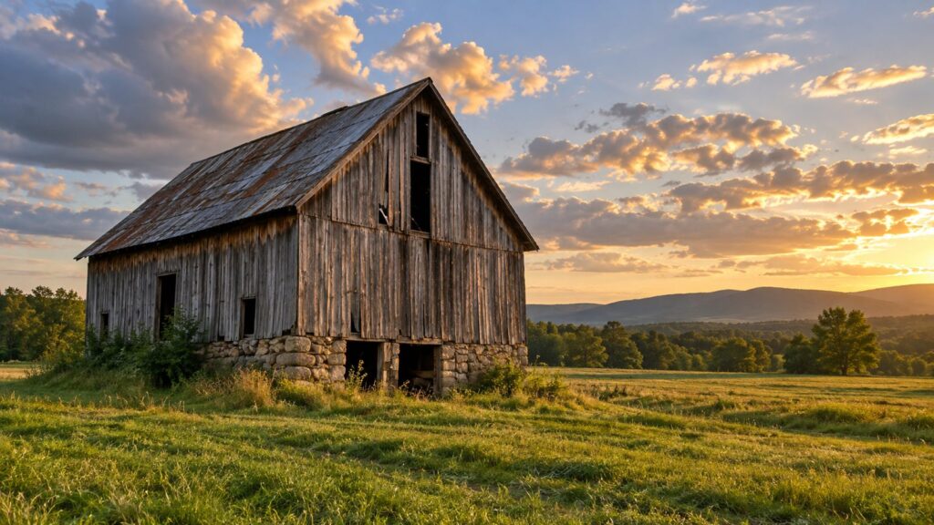 Weathered 100 year old wooden barn in a hayfield