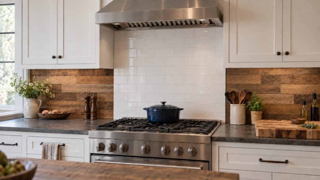 Gas range with tile behind the cooktop and a reclaimed wood backsplash on both sides