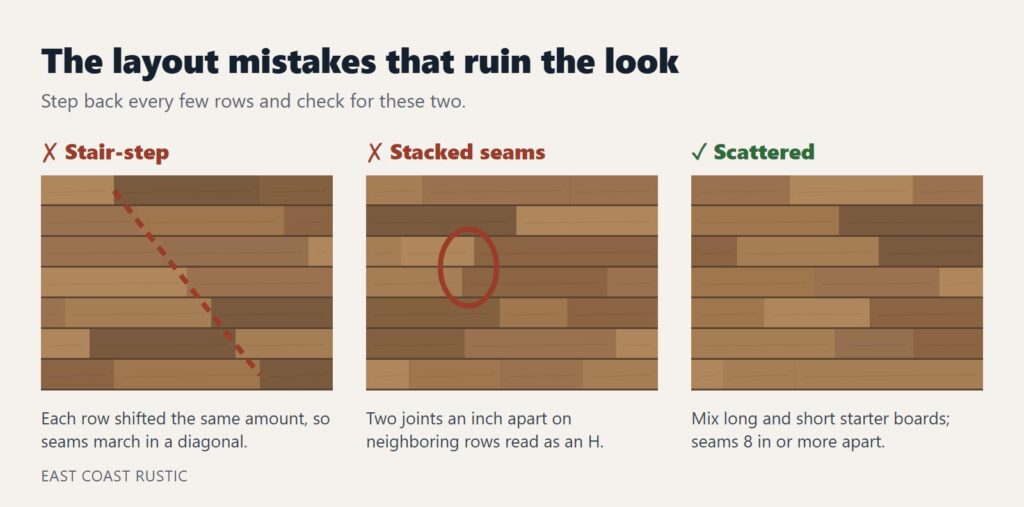 Diagram comparing stair-step and stacked seam mistakes with a correctly scattered wood plank layout